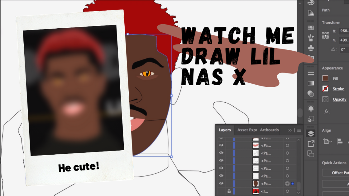 An illustration of Lil Nas X, accompanied by the following text, "Watch me draw Lil Nas X."