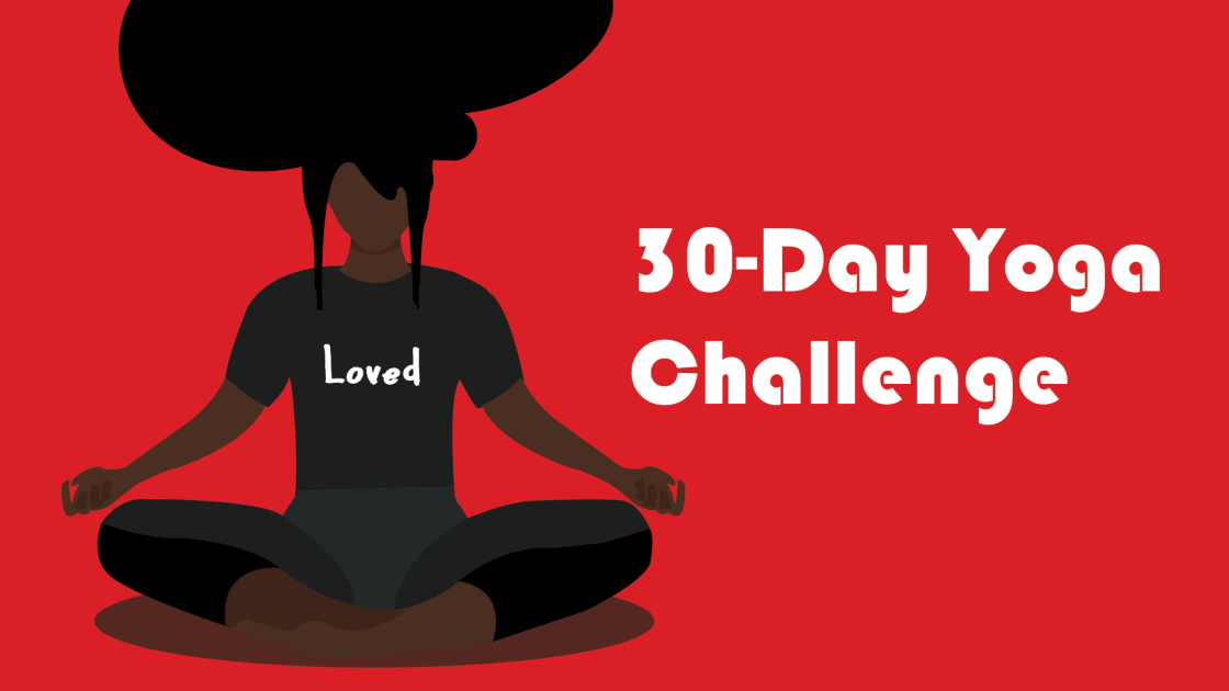 An illustration of a Black person sitting with their legs crossed and the following text, "30-Day Yoga Challenge."